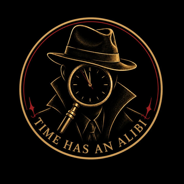 Time Has An Alibi logo featuring a noir detective and a magnifiying-glass clock, set to 11:56